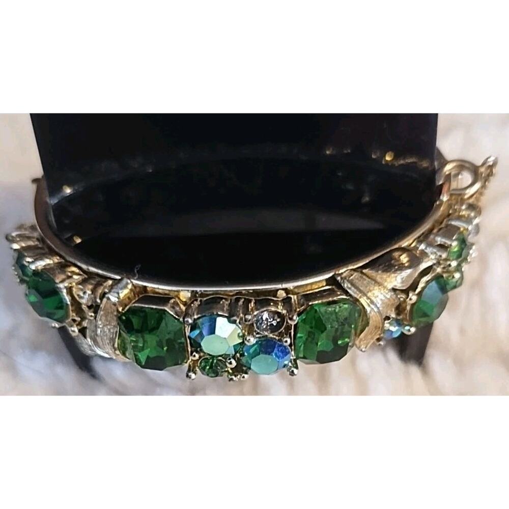 Vintage Signed LISNER Green Rhinestones Goldtone Clamper Bangle Cuff Bracelet